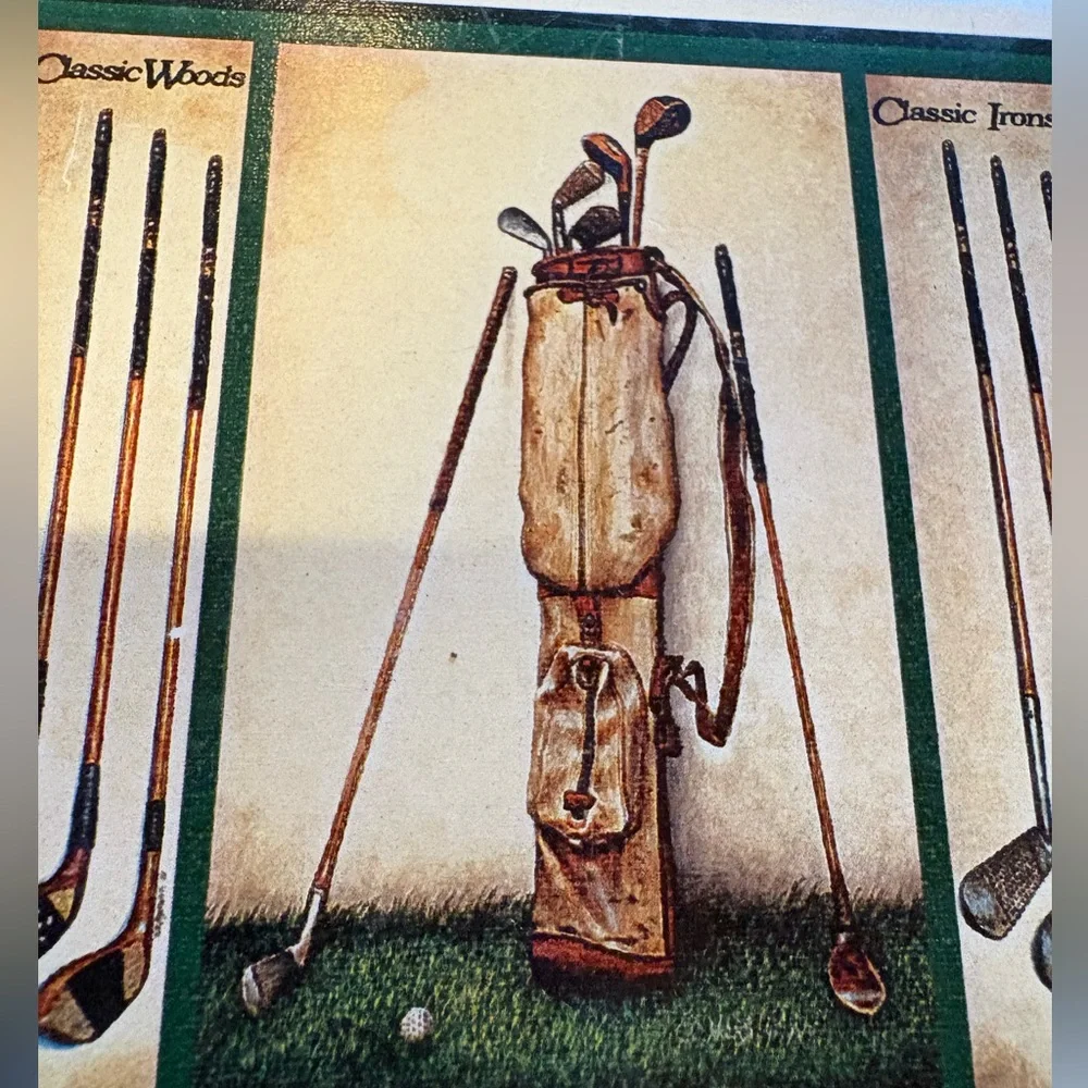 Vintage ceramic coasters depicting classic golf clubs.